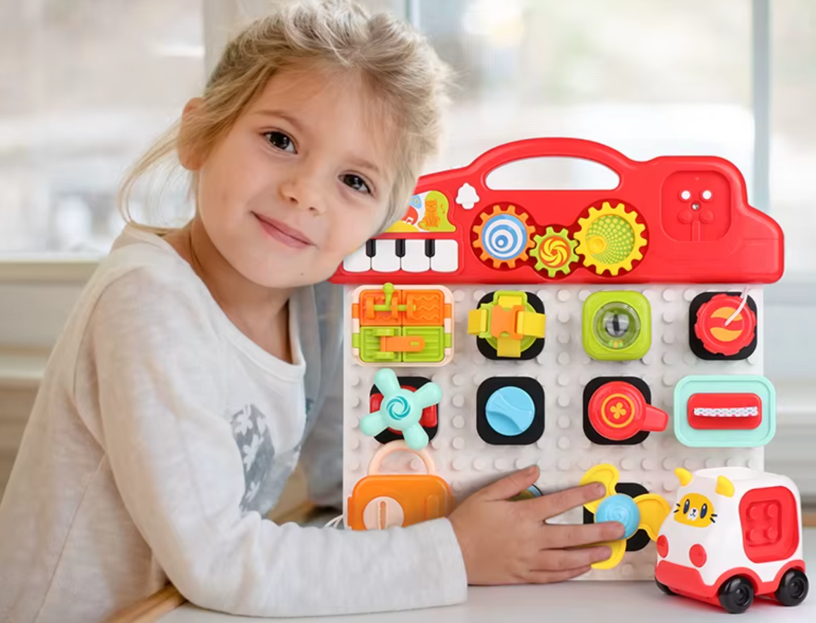 Бізіборд для малюків Розвивальна дитяча дошка монтессорі і машинка конструктор шестерні брязкальця світло звук, фото 1