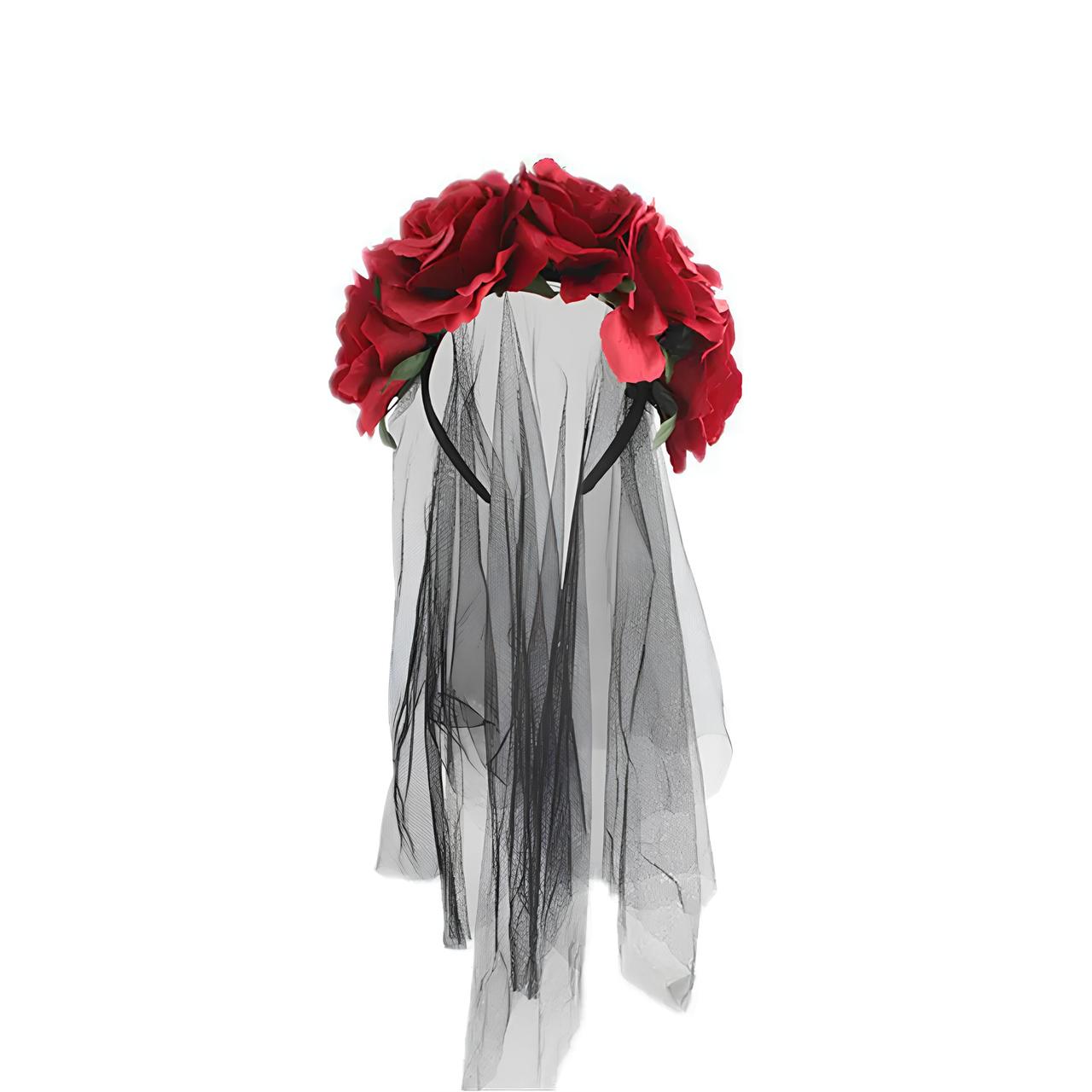 Обруч із трояндами та чорною фатою RESTEQ. Обідок з трояндами та фатою. Обруч з червоні троянди і фата на Хеллоуїн. Прикраса для, фото 1