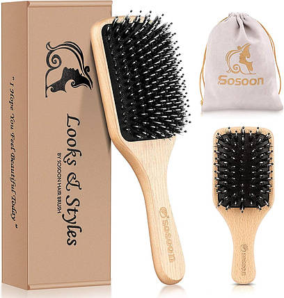 Набір щіток для волосся, гребінець Sosoon Boar Bristle Paddle для жінок, чоловіків і дітей, що зменшує пухнастість,, фото 1