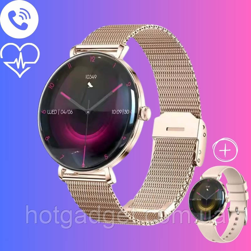 Смарт годинник жіночі Lemfo V85 Gold пульсометр, прийом дзвінків, розмова, Super Amoled екран
