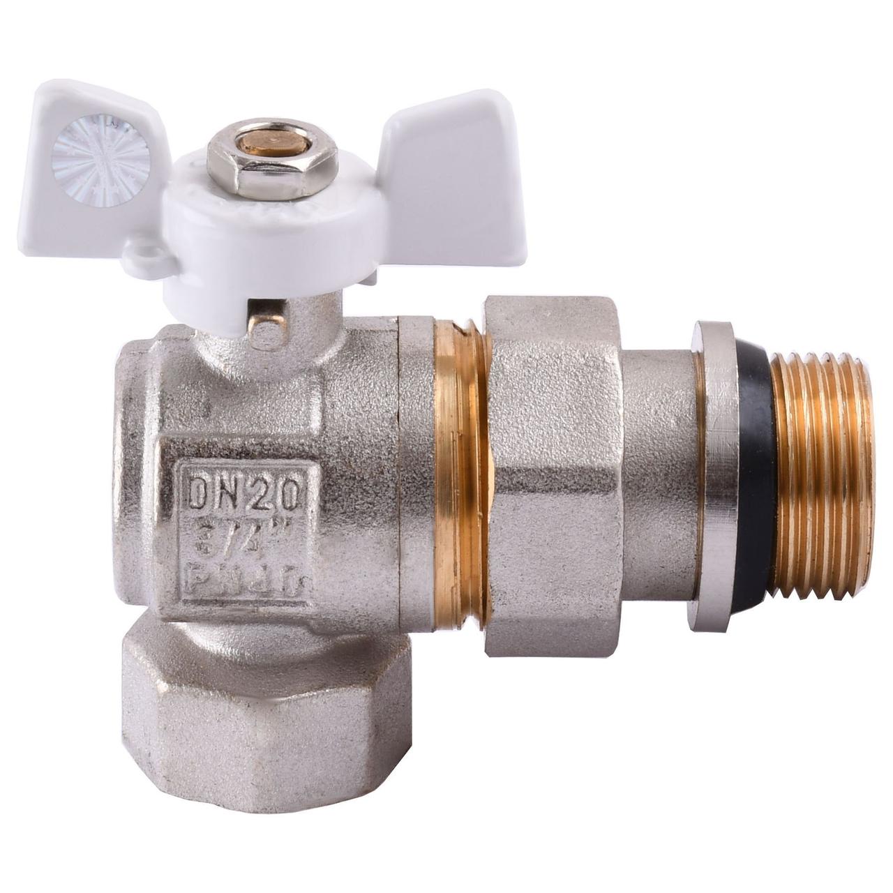 Кран кульовий кутовий з американкою Q PROFESSIONAL QP004 PN40 3/4″ антипротікання, Білий метелик, фото 1