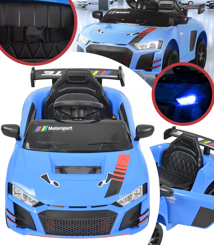 Дитячий електромобіль Cabrio 6V 5A (спойлер, пульт, LED-фари, звук, відкривні двері, педаль газу), Синій