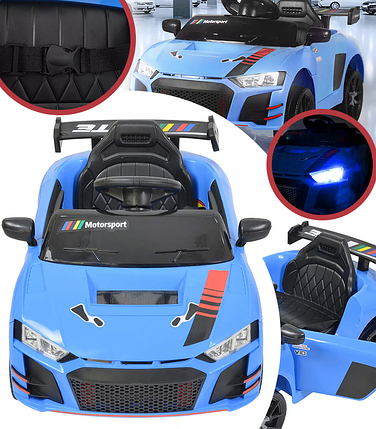 Дитячий електромобіль Cabrio 6V 5A (спойлер, пульт, LED-фари, звук, відкривні двері, педаль газу), Синій, фото 1