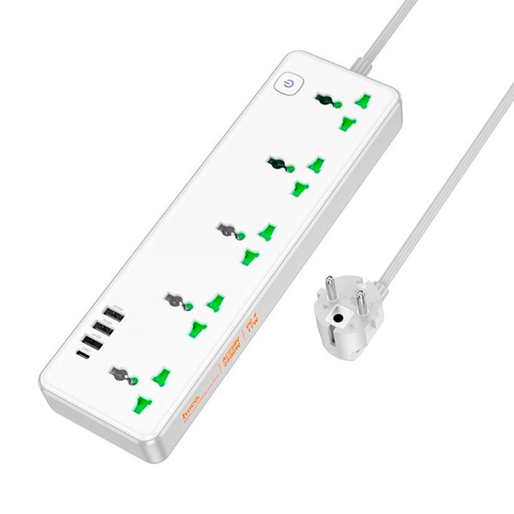 Мережевий фільтр HOCO AC13A на 5 розеток + 3 USB + USB-C, 17 W, 220 В, кабель 1,5 м, White, Box, фото 1