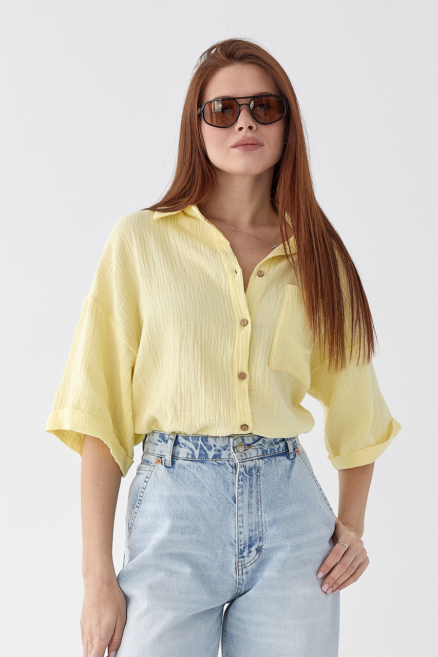 Муслінова сорочка з коротким рукавом - лимонний цвет, L (є розміри), фото 1