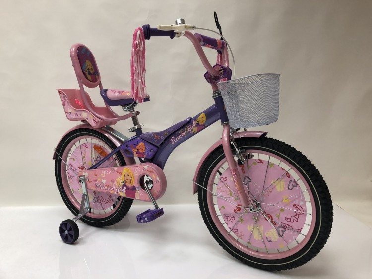 Дитячий велосипед 18 дюймів Racer-girl, двоколісний, з кошиком і сидінням для ляльки, фіолетовий, фото 1