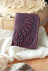 Обкладинка для ID паспорта жіноча шкіряна бордова з Соняхами. Обкладинка на права жіноча