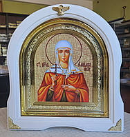 Икона именная Святая преподобная Эмилия в белом арочном киоте под стеклом, размер киота 28*25, cюжет 15*18.