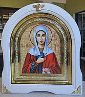 Икона именная Святая Ева в белом арочном фигурном киоте под стеклом, размер киота 28*25, сюжет 15*18