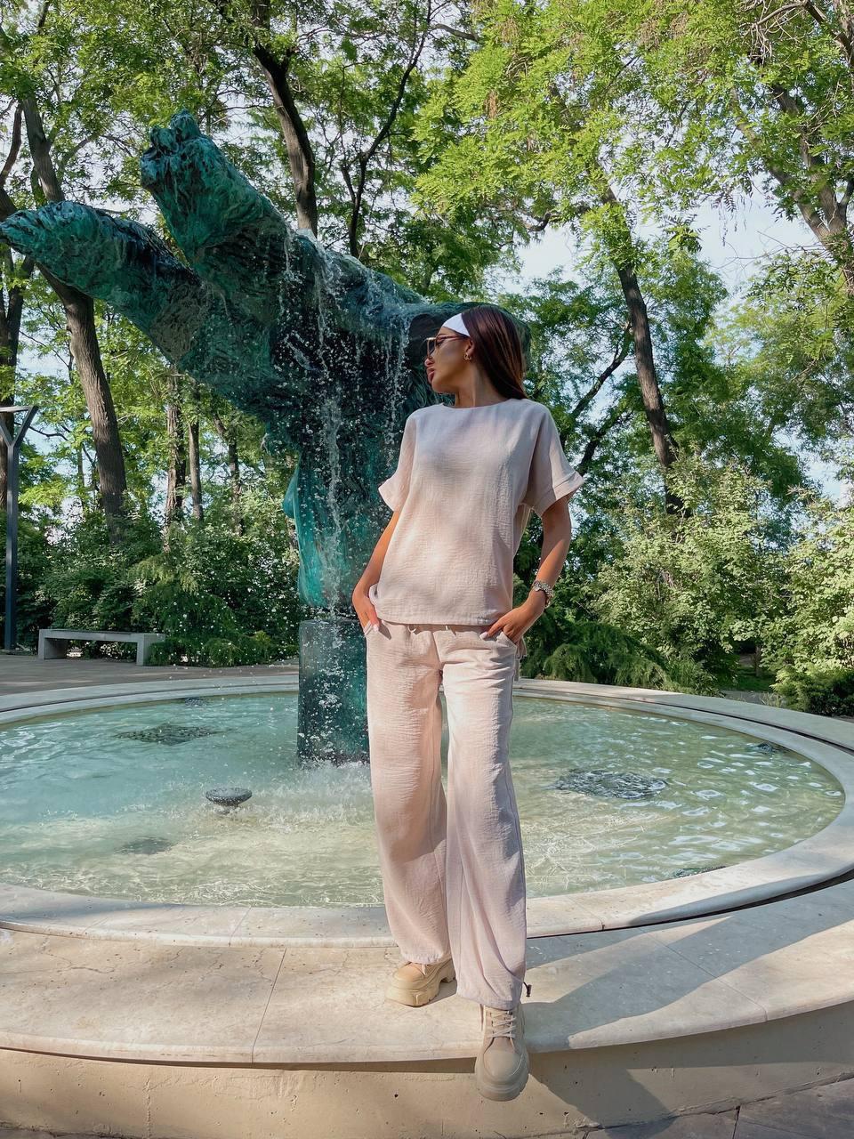 Стильний жіночий костюм-двійка з льону (Розмір XS-S(42-44), M-L (46-48), XL-XXL (50-52), 3XL-4XL), Світлий-беж