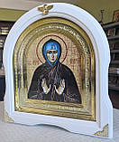 Ікона іменна Свята преподобна Кіра в білому арочному кіоті під склом, розмір кіота 28*25, сюжет 15*18., фото 2
