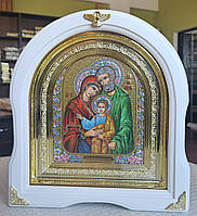 Икона Святое Семейство в белом деревянном арочном киоте под стеклом, размер 28*25,сюжет с цветами 15*18