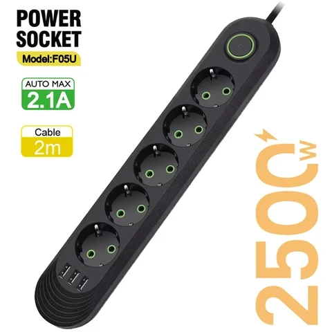 Мережевий фільтр, подовжувач Power Socket F05U | 5 розеток + 3 USB | Кабель 2 м чорний
