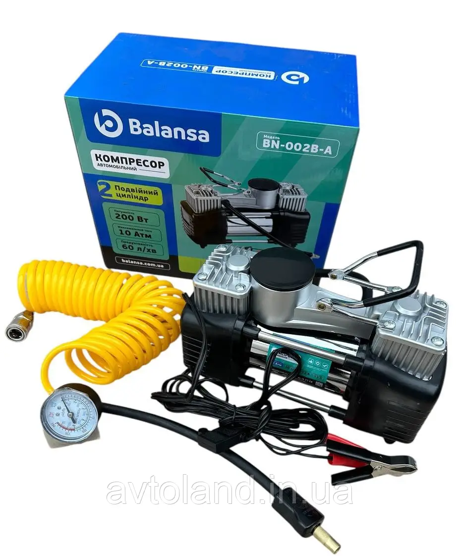 Компресор автомобільний 2-циліндровий Balansa 200 Вт, 10 атм, 60 л/хв, 20 А, 5 м шланг-спіраль, манометр, клем, фото 1