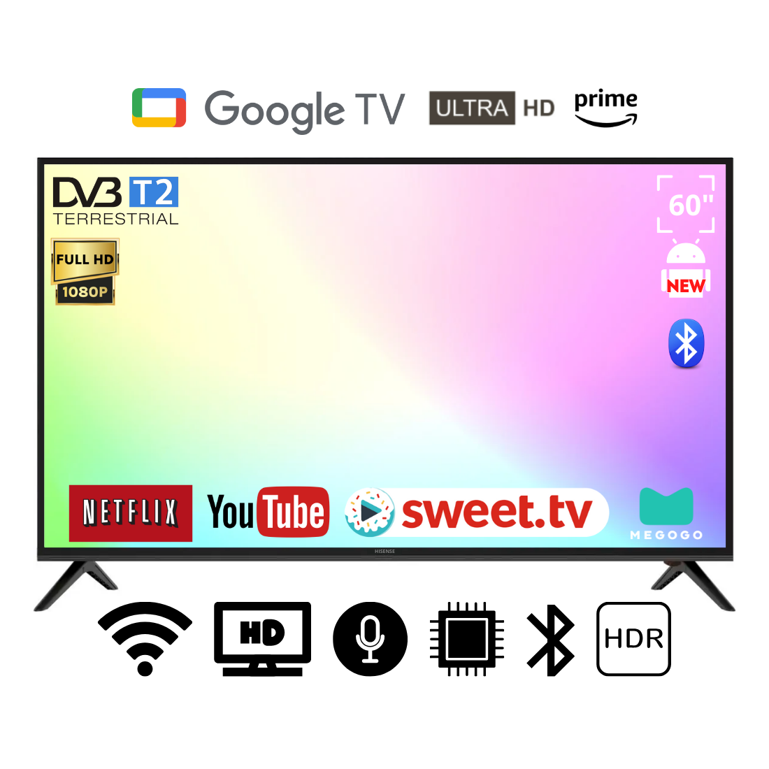 Телевізор Hisense 60" Smart-TV/DVB-T2/USB АДАПТИВНИЙ UHD,4K/Android 15.0
