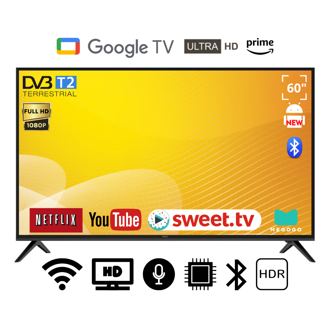 Великий телевізор Ergo 60" Smart-TV/DVB-T2/USB адаптивний UHD,4K/Android 15.0