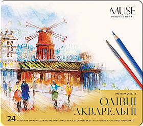 Олівці акварельні MUSE 24 кольори з пензликом металева коробка 18*21 см, ТМ Школярик