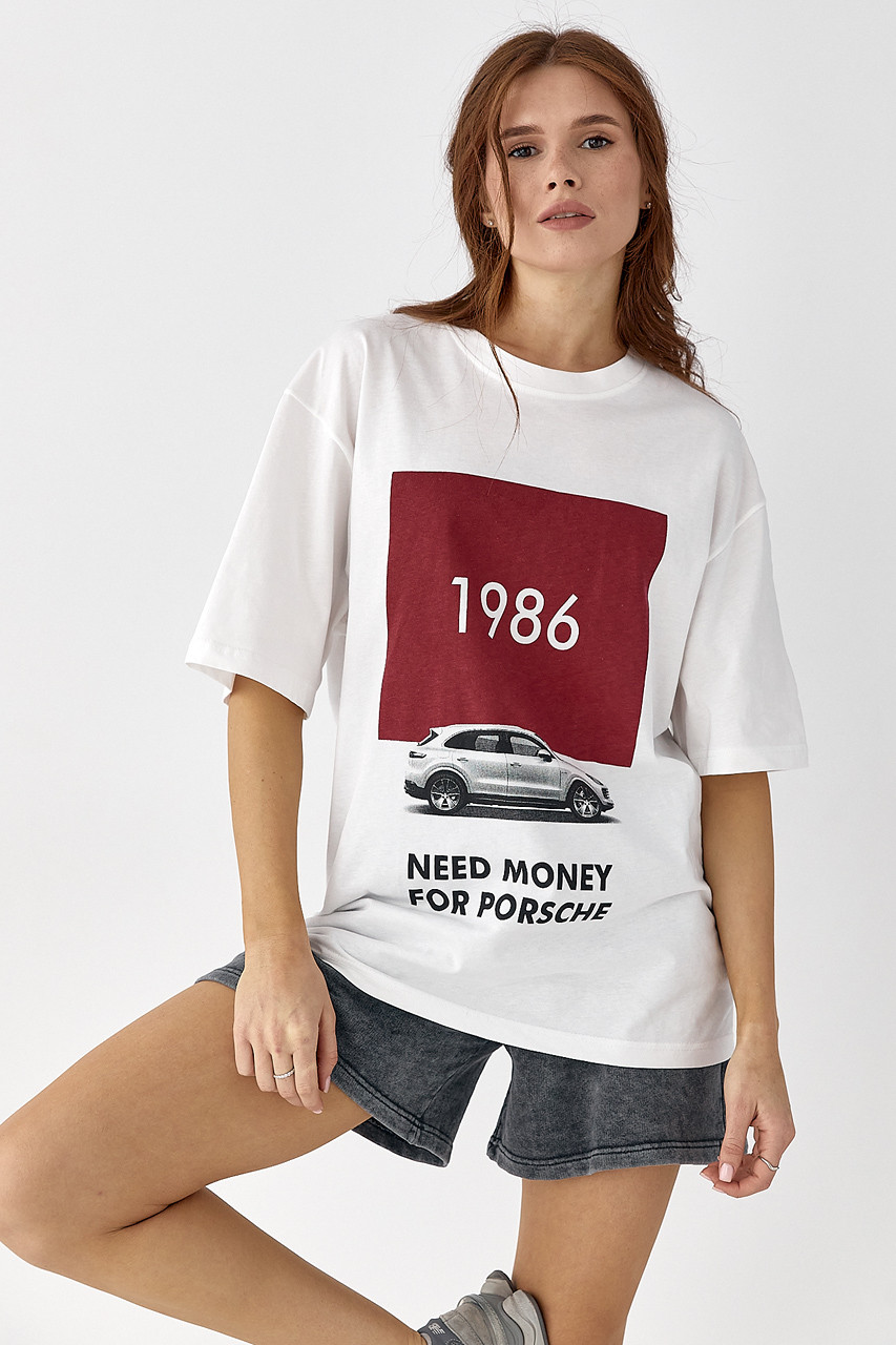 Жіноча футболка з принтом Porsche — білий колір, ONE SIZE (є розміри), фото 1