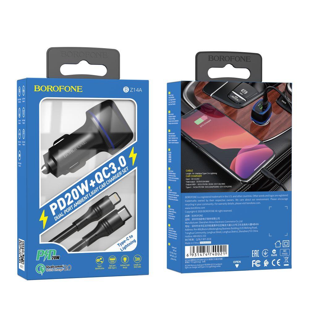 Автозарядний пристрій Borofone BZ14A PD20W+QC3.0 Type-C to Lightning 3A, фото 1