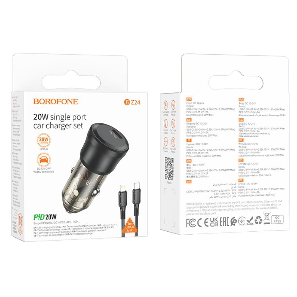 Автозарядний пристрій Borofone BZ24 1USB-C QC/PD20W+Type-C to Lightning, фото 1