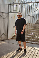 Чоловічий літній чорний спортивний костюм оверсайз двійка, Якісний однотонний комплект чорного кольору на літо Футболка Шорти