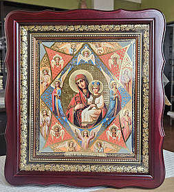 Ікона Неопалима Купина пресвята богородиця в дерев'яному фігурному кіоті під склом, розмір кіота 32×28, сюжет 20×24.