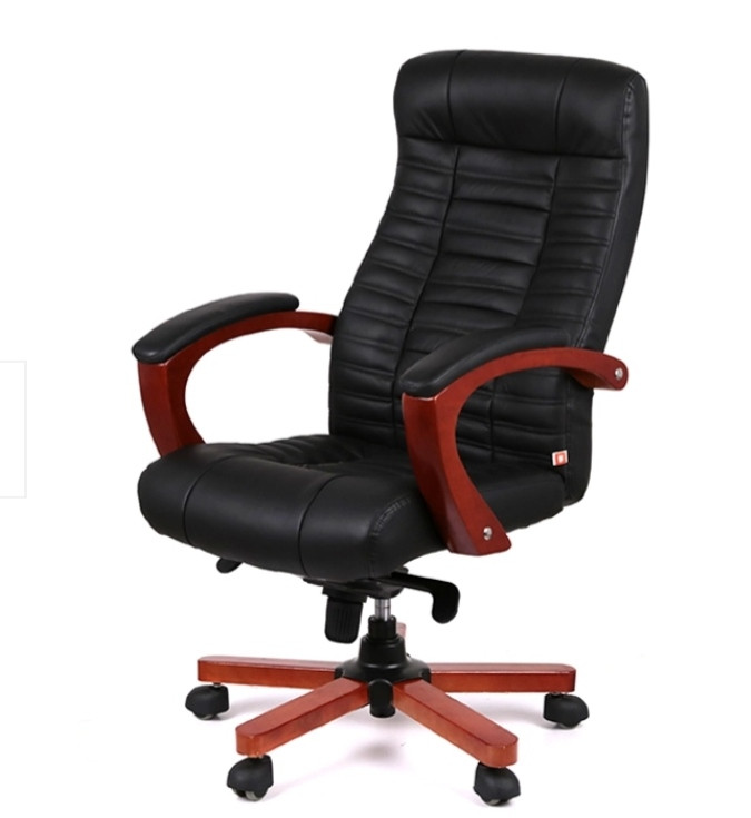 Крісло офісне АКЛАС Атлант EX MB чорне шкіряне з деревяними елементами, фото 1