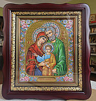 Икона Святое Семейство в темном деревянном фигурном киоте под стеклом, размер киота 32*28, сюжет 20*24