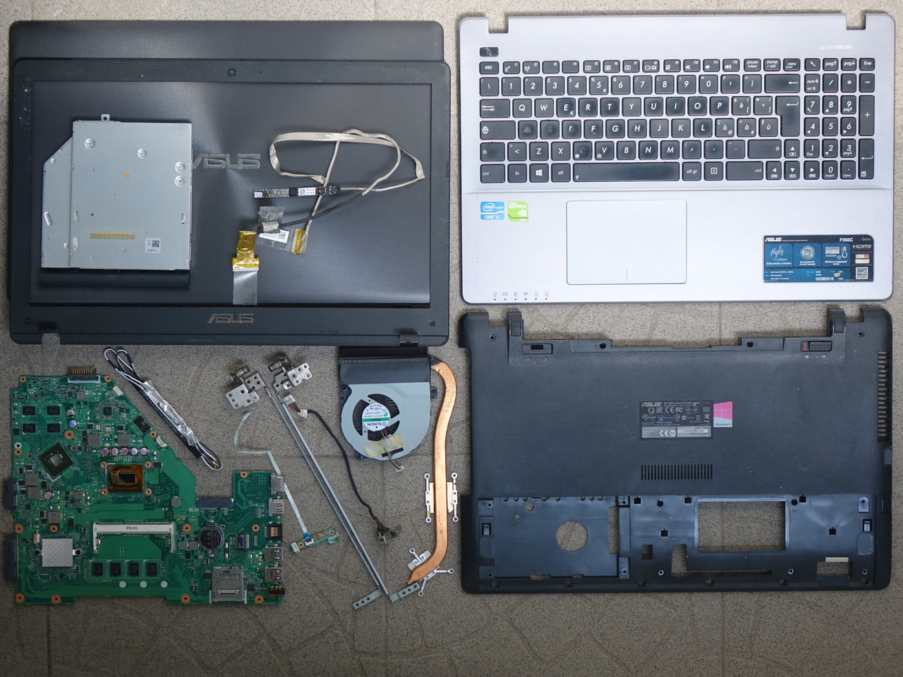 РОЗБИРАННЯ Asus F550C (Материнська плата Корпус Топкейс Палмрест Клавіатура Піддон Кришка Рамка матриці Кулер)