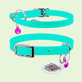 Нашийник шкіряний для кошенят з гумкою та дзвіночком CoLLaR WAUDOG GLAMOUR XXS ширина 9 мм, довжина 17-20 см Ментоловий