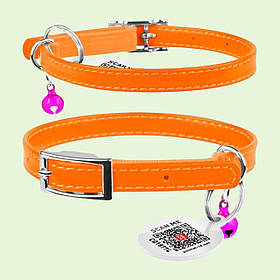 Нашийник шкіряний для котів і кішок Collar WAUDOG Glamour з QR паспортом, Ширина 9 мм, Довжина 17-20 см Оранжевий