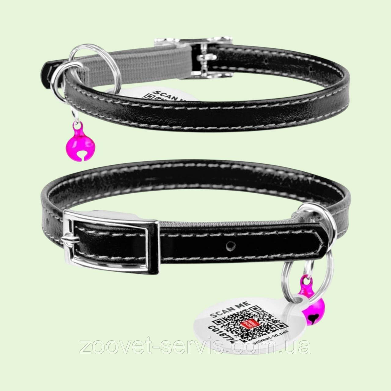 Нашийник шкіряний з гумкою чорний для котів CoLLaR WAUDOG GLAMOUR ширина 9 мм, довжина 22-30 см XXS, фото 1