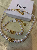 Комплект Діор кольє та браслет перлів позолота 18 К
