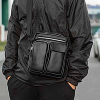 Чоловічі сумка барсетка через плече з еко шкіри чорна TOWER Black на 8 відділень сумка-месенджер