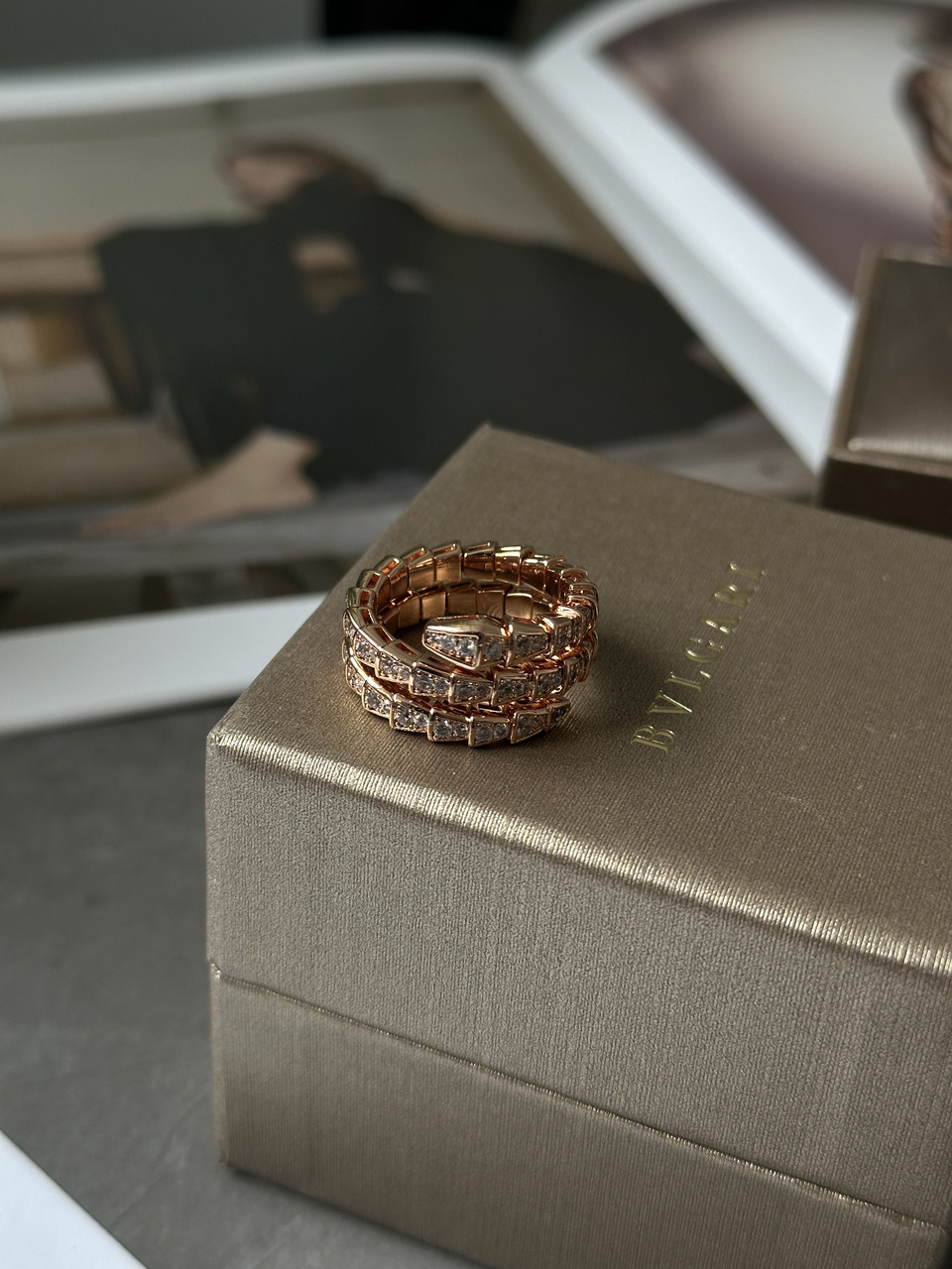 👑 Bvlgari Serpenti Viper 18K Rose Gold Ring with Diamonds