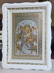 Ікона П.Б. Всецариця у білому дерев'яному фігурному кіоті під склом, розмір 41*31, сюжет 20*30.