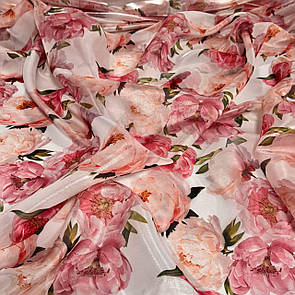 Тканина органза друкований принт 150 см Півонії рожеві