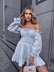 Романтична коротка муслінова сукня з відкритими плечима та пишними рукавами і ліфом на резиночках