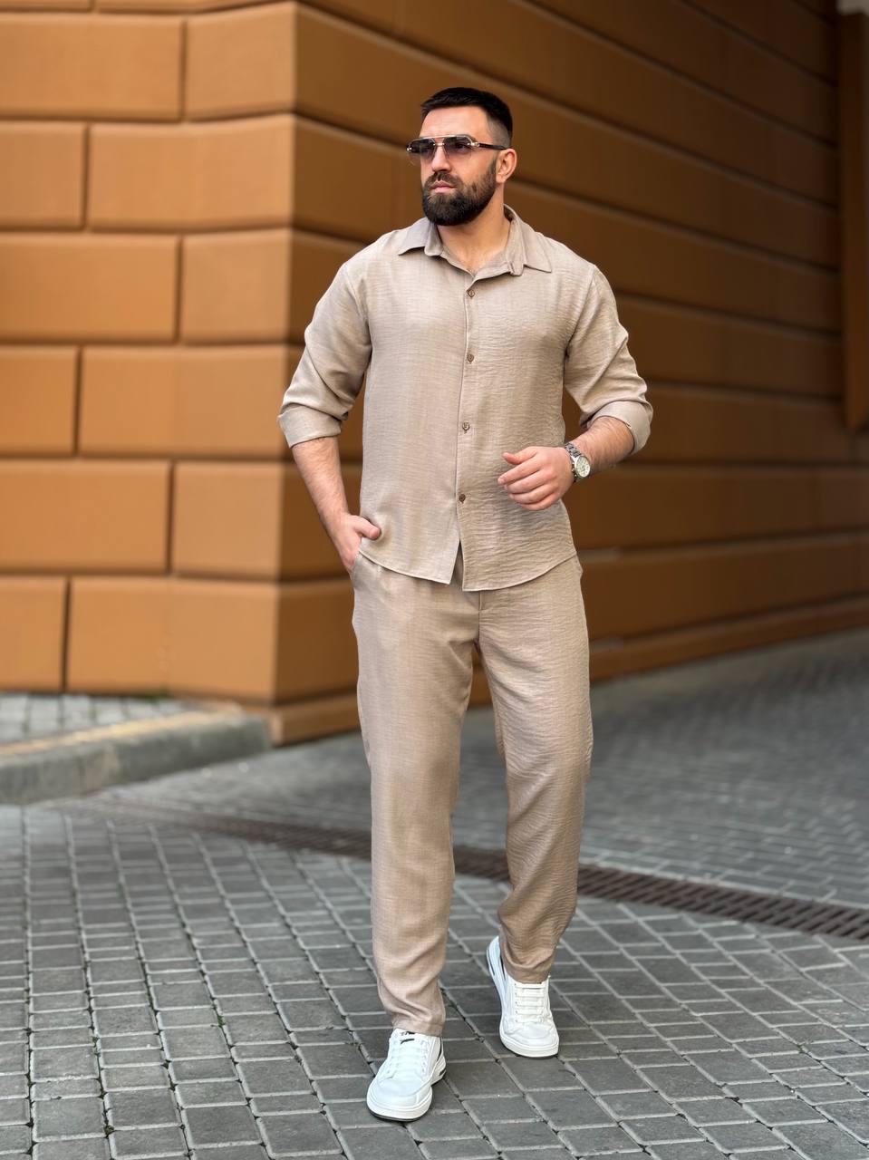 Чоловічий стильний костюм із віскозного льону жатки: сорочка та штани з кишенями, фото 1