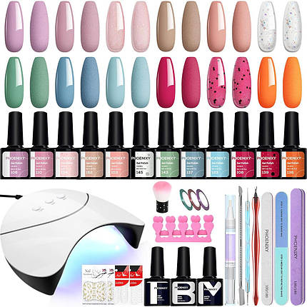 Набір для гелевих нігтів Phoenixy, набір з 12 кольорів Soak Off Gel Nail Polish Set з лампою Starter Kit 8ml Na, фото 1