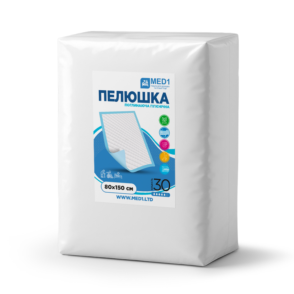 Медична одноразова всмоктувальна пелюшка MED1-WC03, розмір 80×150 см (30 шт. в пакованні)