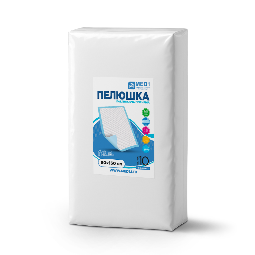 Медична одноразова всмоктувальна пелюшка MED1-WC03, розмір 80×150 см (10 шт. в пакованні), фото 1