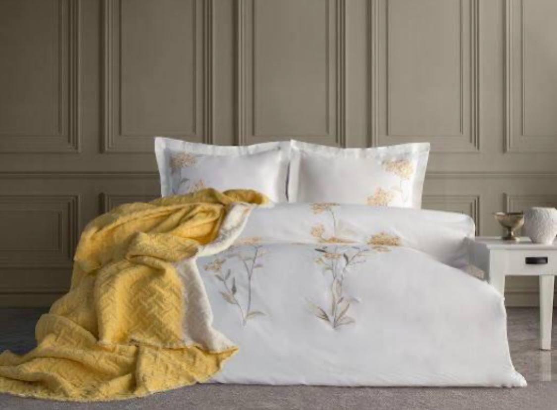 Двоспальний Євро комплект Dantela Vita Sari Сатин з вишивкою+плед Муслін (на замовлення), фото 1