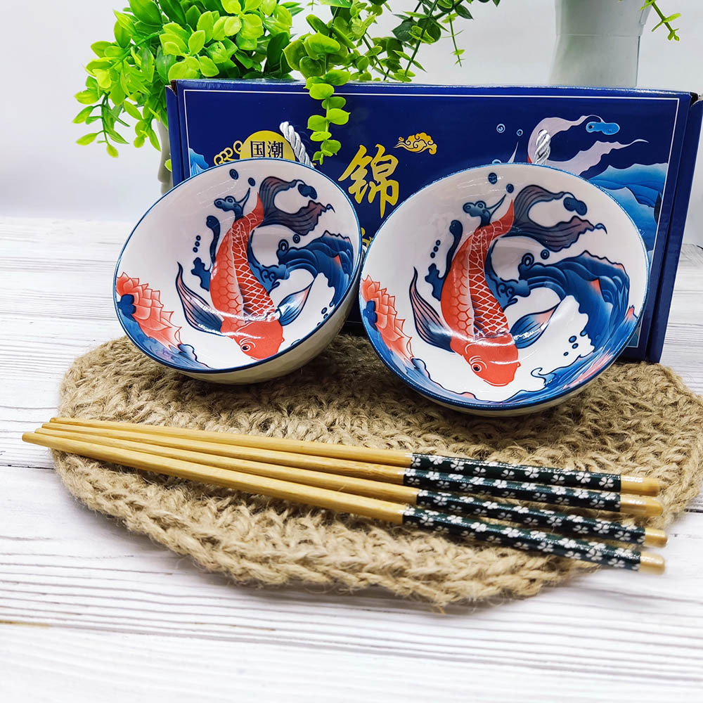 Набір керамічних піал для рису з зображенням коропов кої (2шт), фото 1