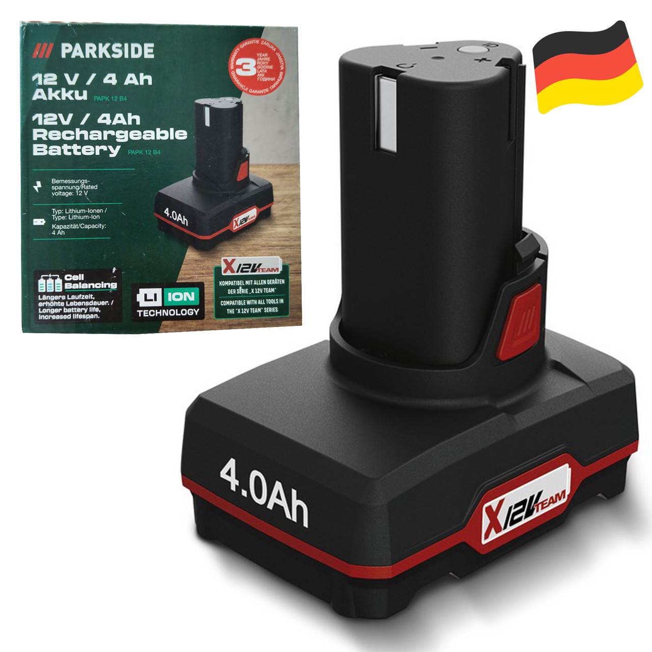 Акумулятор PARKSIDE PAPK 12 B4 (12 В, 4 А·год, Li-Ion, Cell Balancing, Німеччина), фото 1