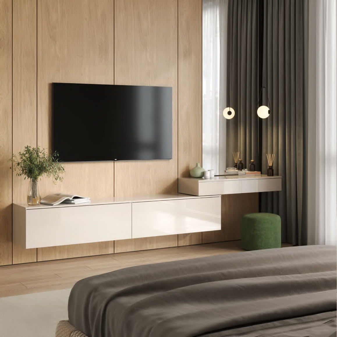 Сучасна стильна довга підвісна тумба тв під телевізор з туалетним столиком в вітальню зал 320 см Box Viva Миро Марк, фото 1