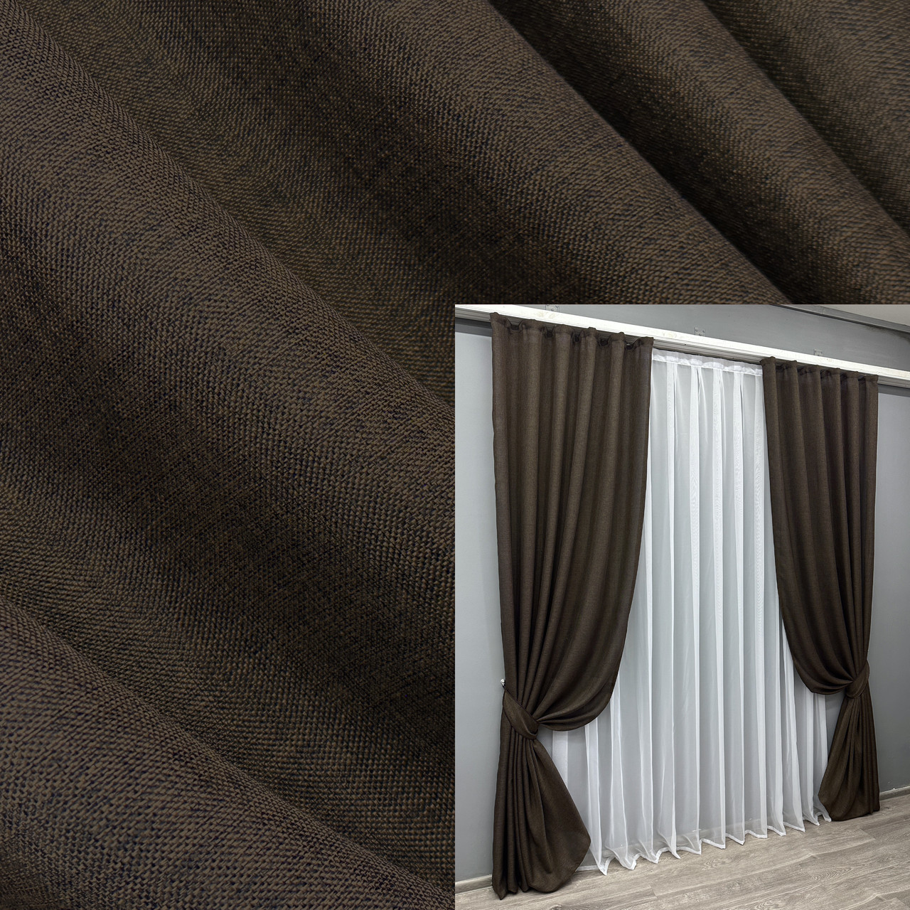Комплект штор (2шт. 1,5х2,7м.) колекція "Льон Мішковина". Колір венге. Код 107ш 30-022, фото 1