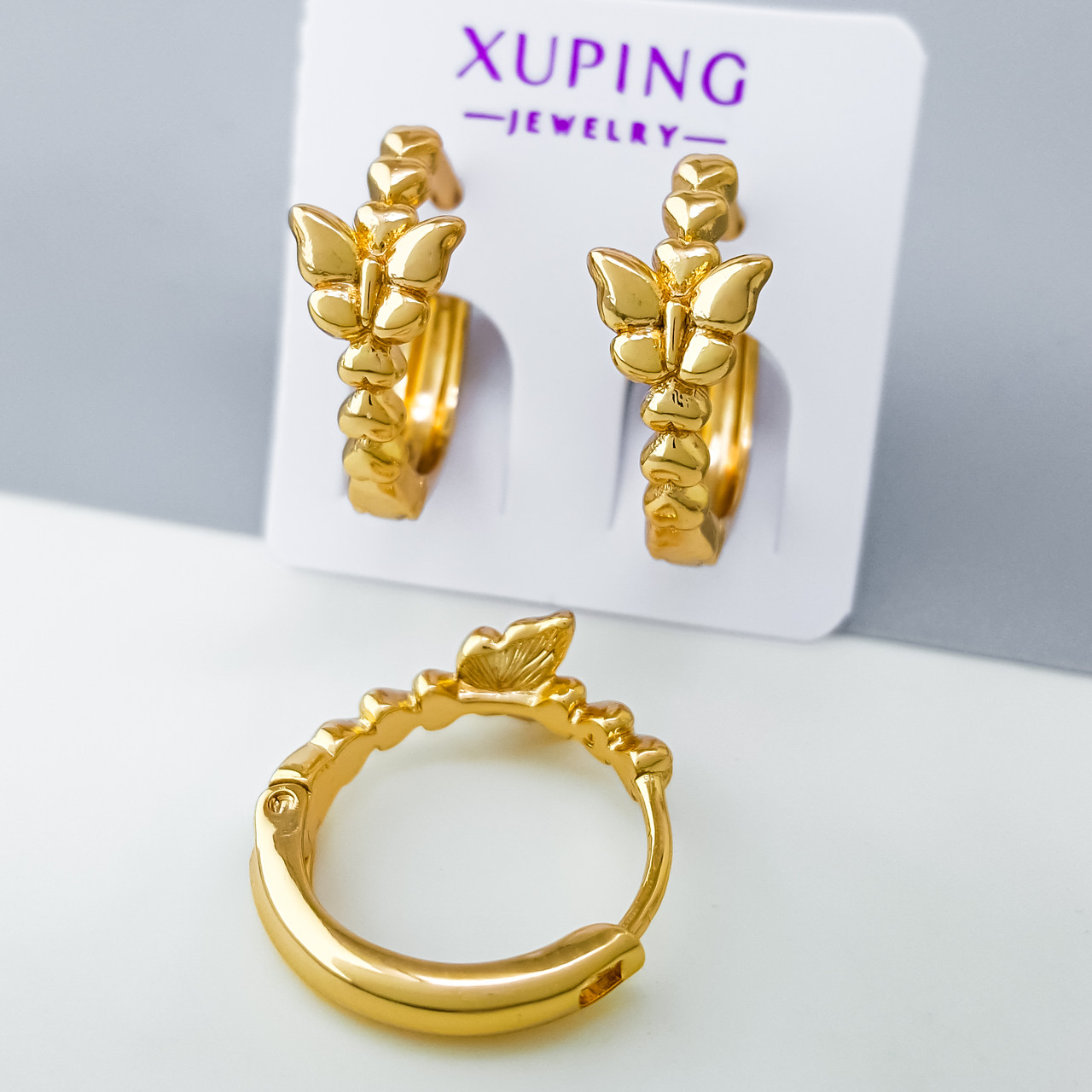 Сережки Золотий Метелик, без каміння, медсплав Xuping позолота 18K