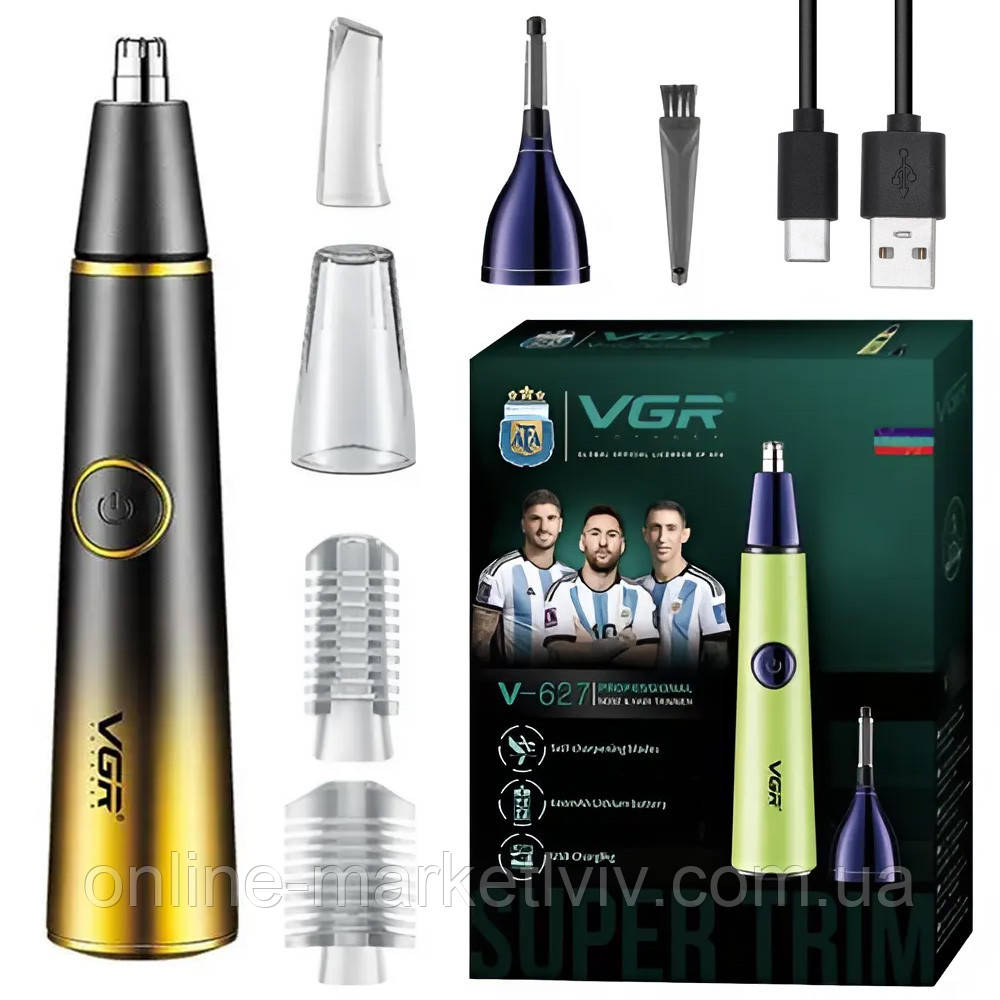 Акумуляторний тример для носа та вух + 4 насадки, VGR V-627, Чорний / Машинка для стрижки волосся в носі, фото 1