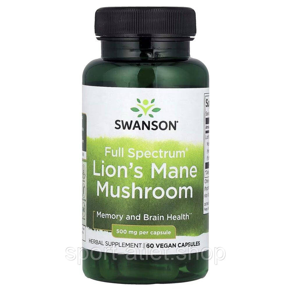Їжовик гребінчастий Swanson Lion's Mane Mushroom 500 mg Full Spectrum, 60 капсул для підтримки когнітивної функції, фото 1